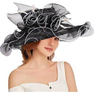 Women Sun Hat Church Wide Brim Black White